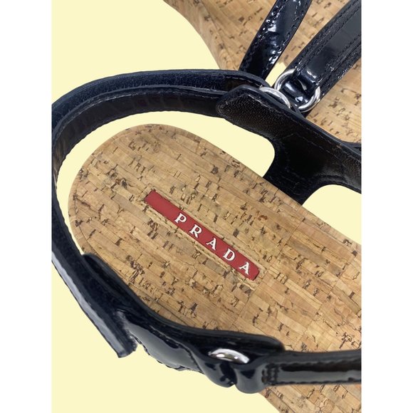 Prada Black Patent Leather Cork Sandals - Picture 4 of 9